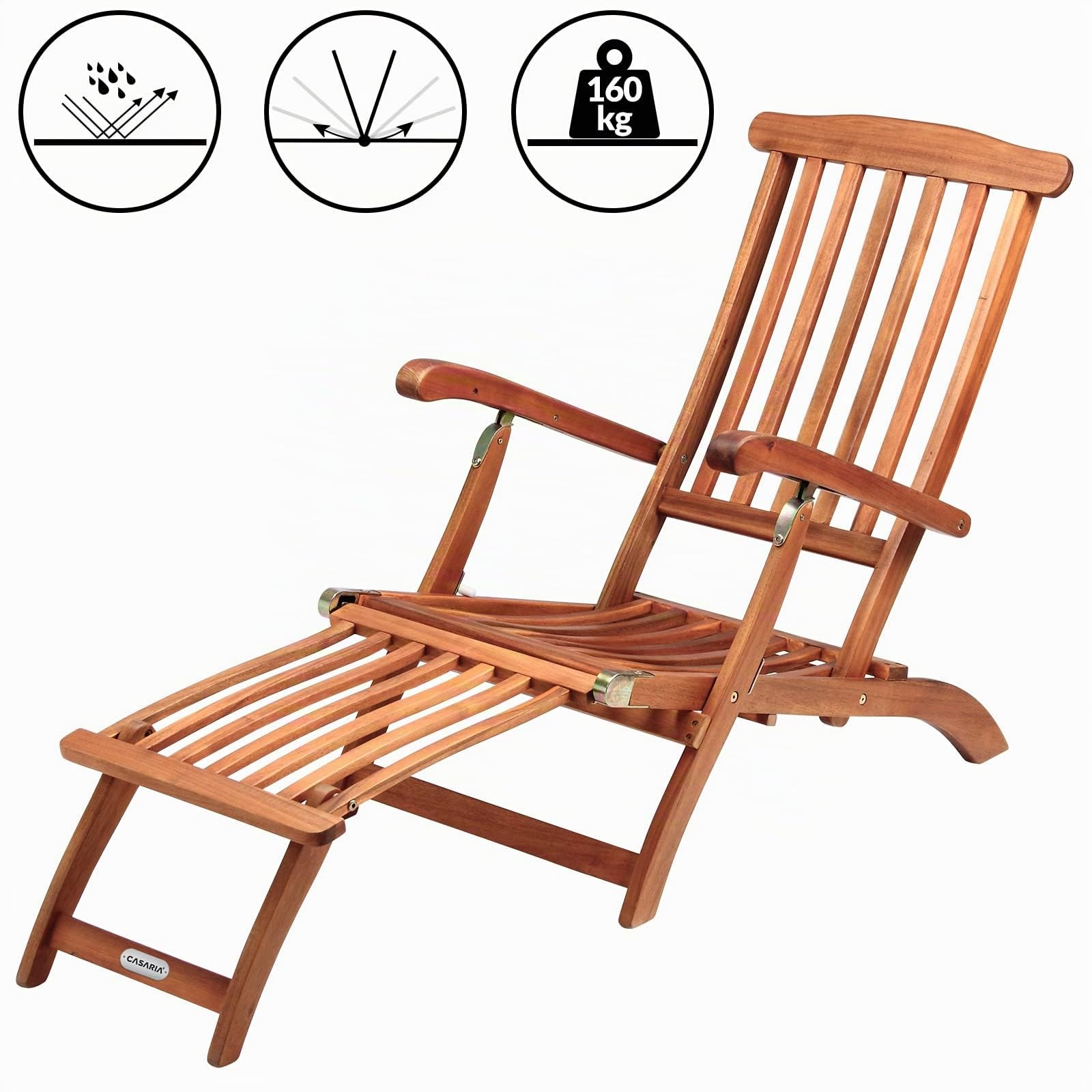 CASARIA Tumbona de Madera con Cojin Plegable Resistente Intemperie 160kg Respaldo Ajustable