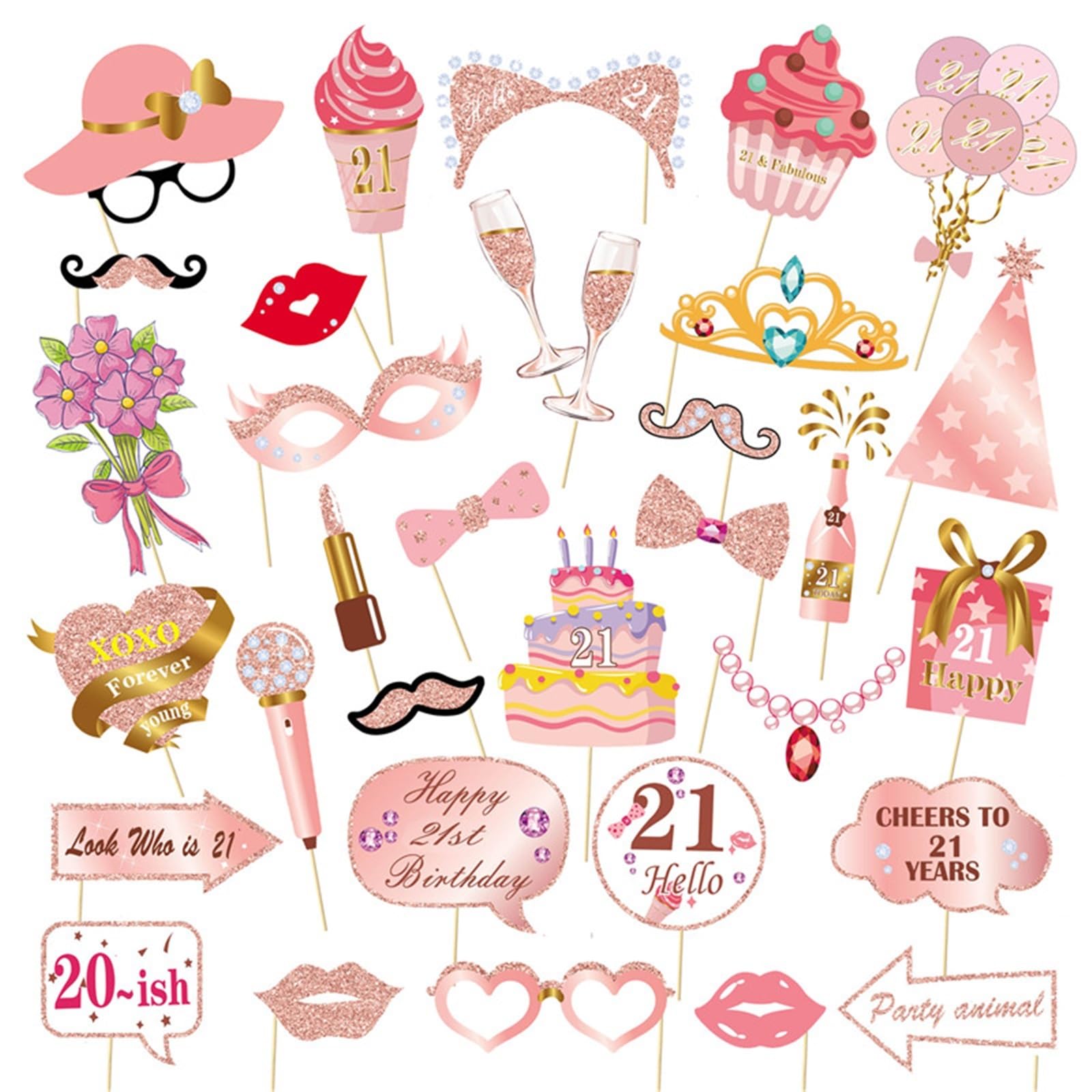 33Pcs Photo Booth Props for 16-60 Year Olds | Birthday & Anniversary Party Supplies for Women(21)