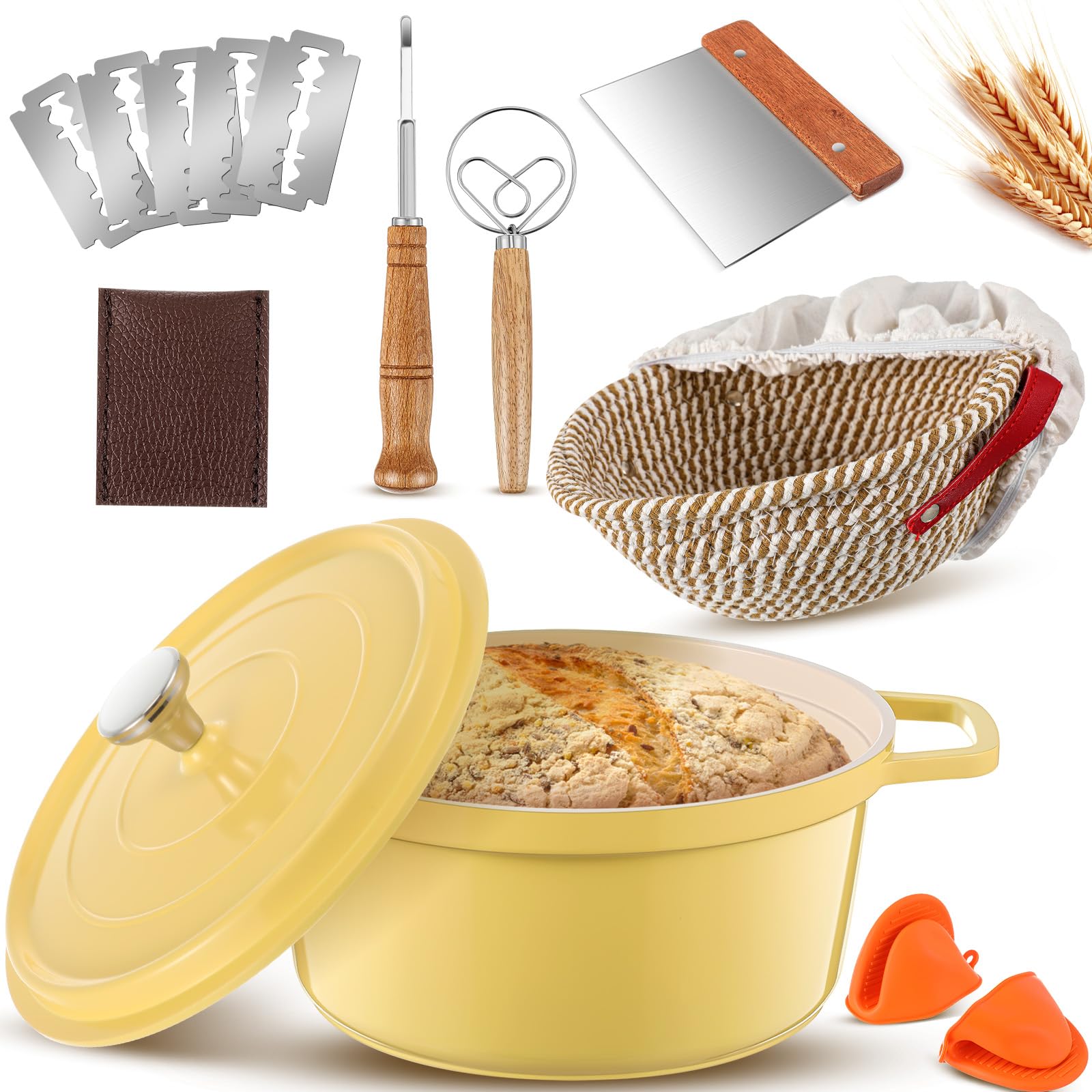 Honeydak 7 Pack Sourdough Bread Baking Supplies Kit Includes Dutch Oven for Bread Baking 5qt Pan Pot, Bread Proofing Basket, Scoring Lame, Dough Whisk