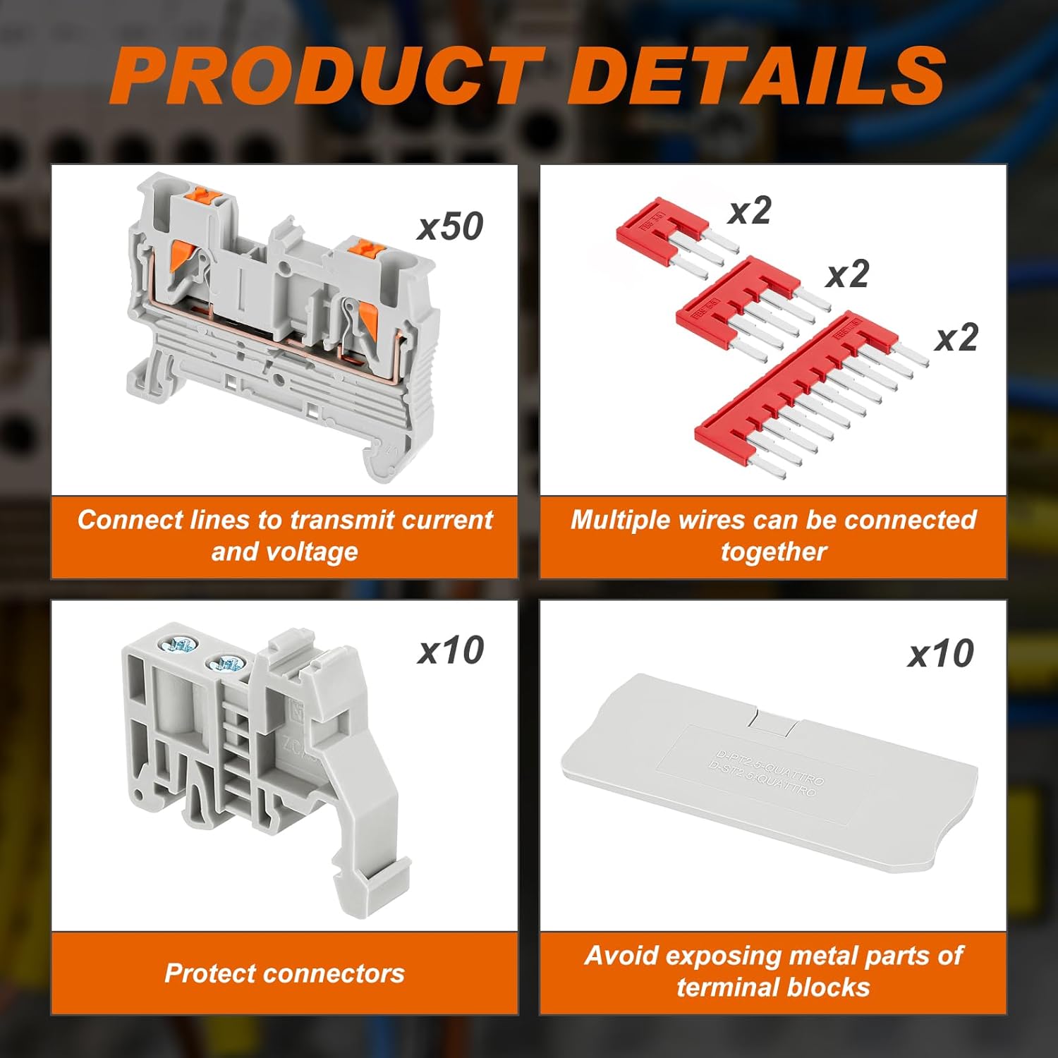 DIN Rail Terminal Block Twin Spring Terminal Connectors Push in Type PT Screwless Wire Wiring Connector with 10 Covers 10 End Stops 6 Jumpers (ST2-2.5/1x1,76 Pcs)