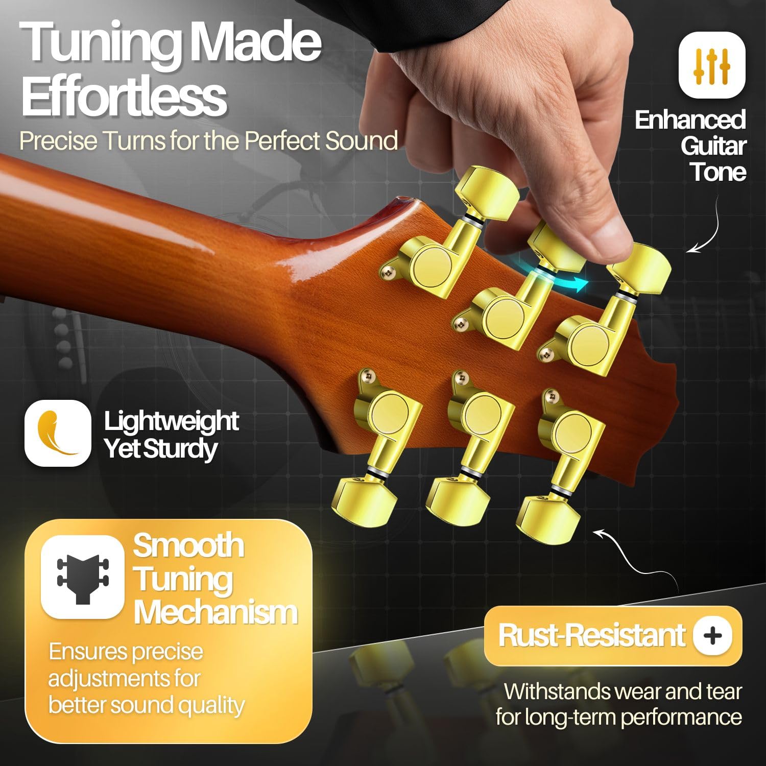Flexzion Acoustic Guitar Tuning Pegs, 3x3 Chrome Finish Acoustic and Electric Guitar Tuner Pegs - Image 3