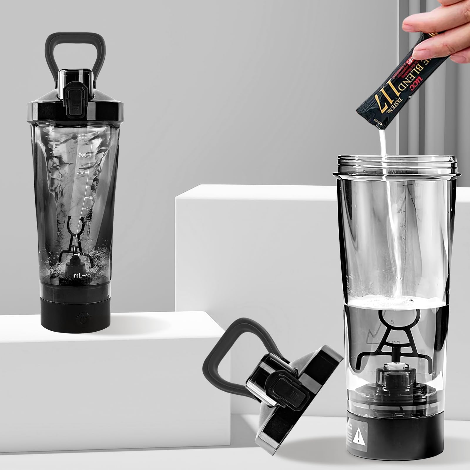 BORDEAG Shaker Électrique à Protéines USB - Bouteille de 600 ml pour Shakes Protéinés et Substituts de Repas (Noir)