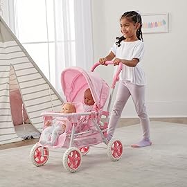 Badger Basket Double Front to Back Stroller for Dolls - Lightweight Foldable Toy Pram with Gingham Fabric Canopy and Storage Basket - Fun Pretend Play for Kids Ages 3 and Up - Pink