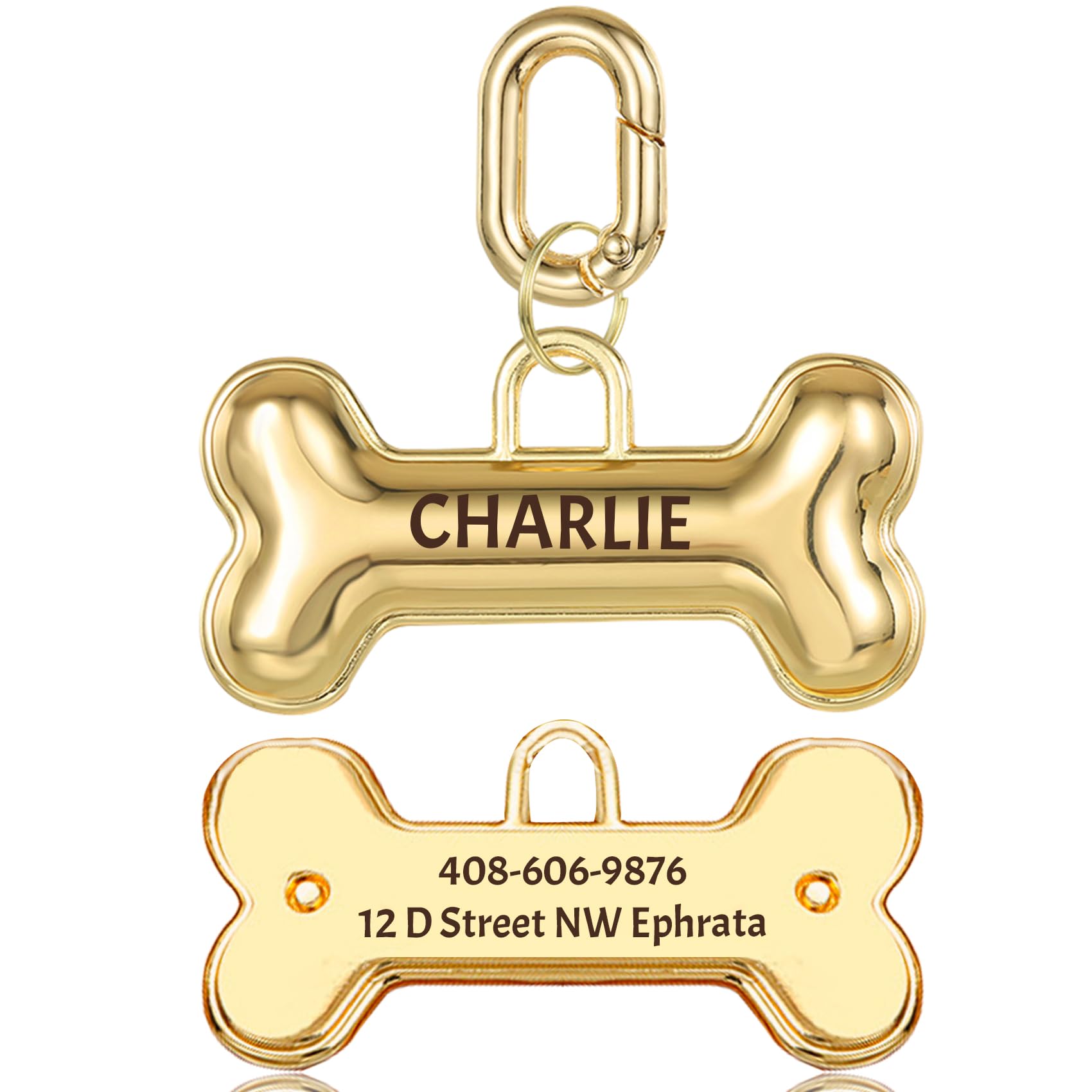 Personalised Dog Tags for Pets Engraved UK, Name, Phone Number, and Address on Both Sides Applies, Collar, Pet, Decorative Bone (Gold)