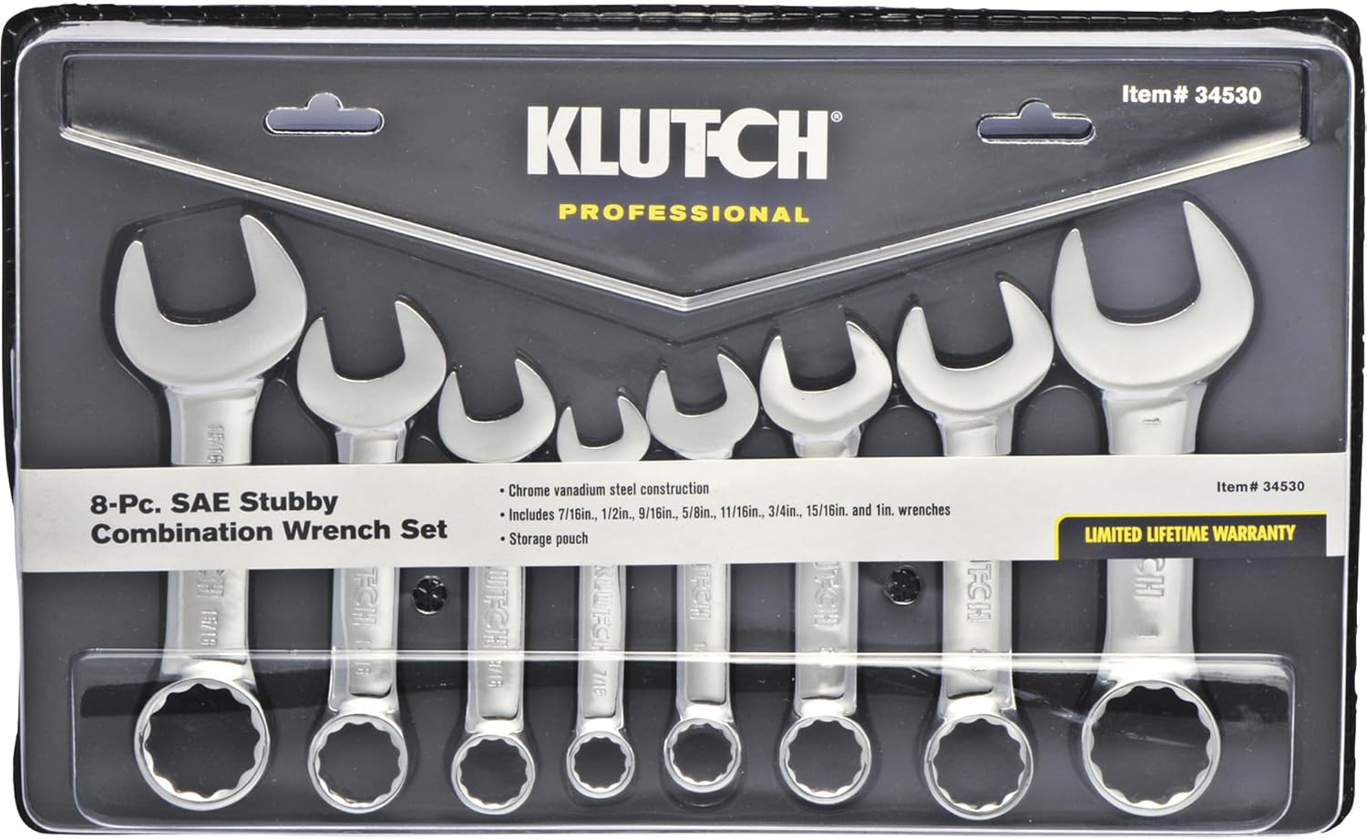Klutch 8-Pc. SAE Stubby Combination Wrench Set