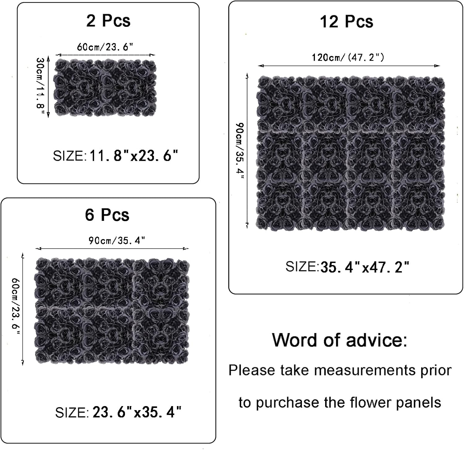 Black Silk Rose Flower Panels Wall, 12 Pcs Artificial Flowers Decoration for Welcome Table, Party, Anniversary, Church Wall, Stage Background, 25x25cm