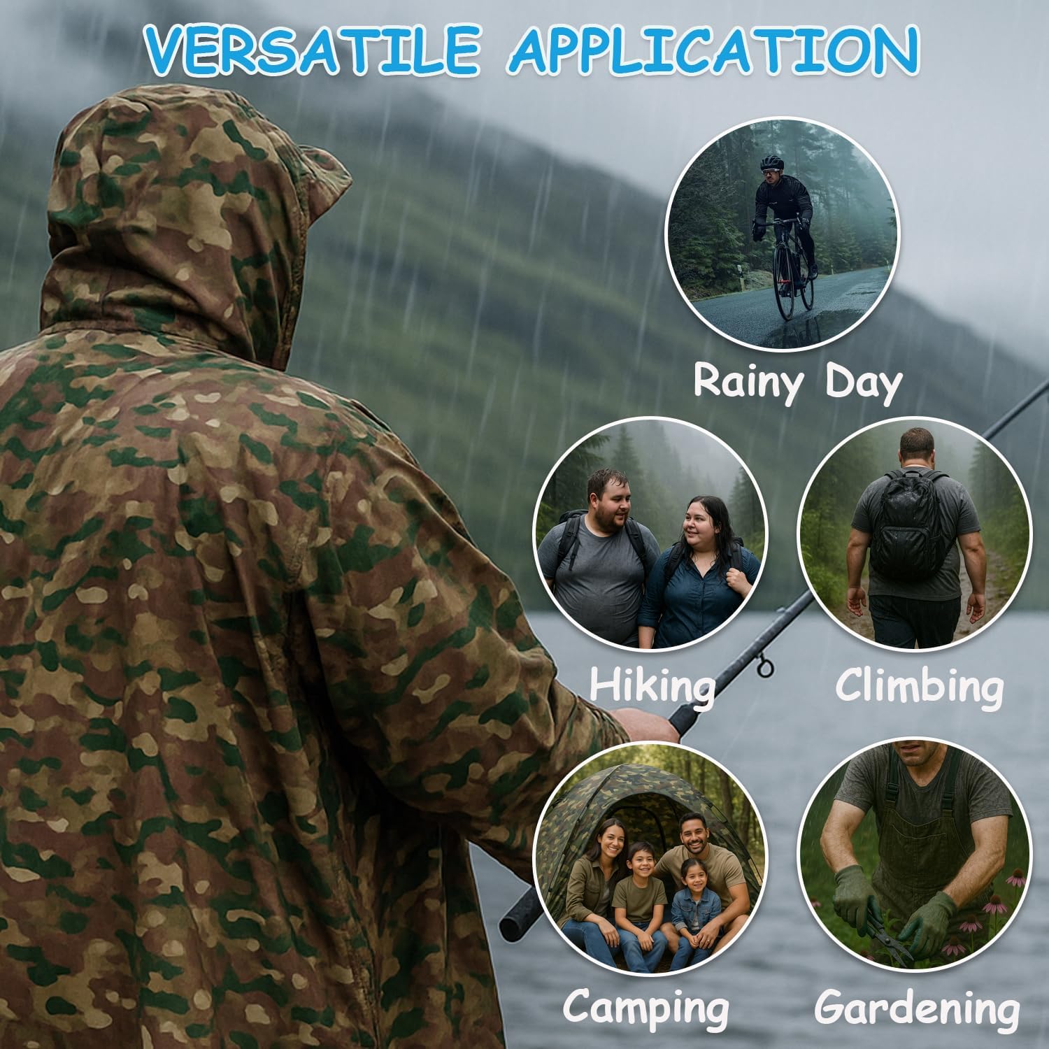 Plus Size Adult Rain Poncho with Hood, Camo Poncho Waterproof, Army Poncho for Camping, Hiking, Fishing, Travel and Outdoors. - Image 7