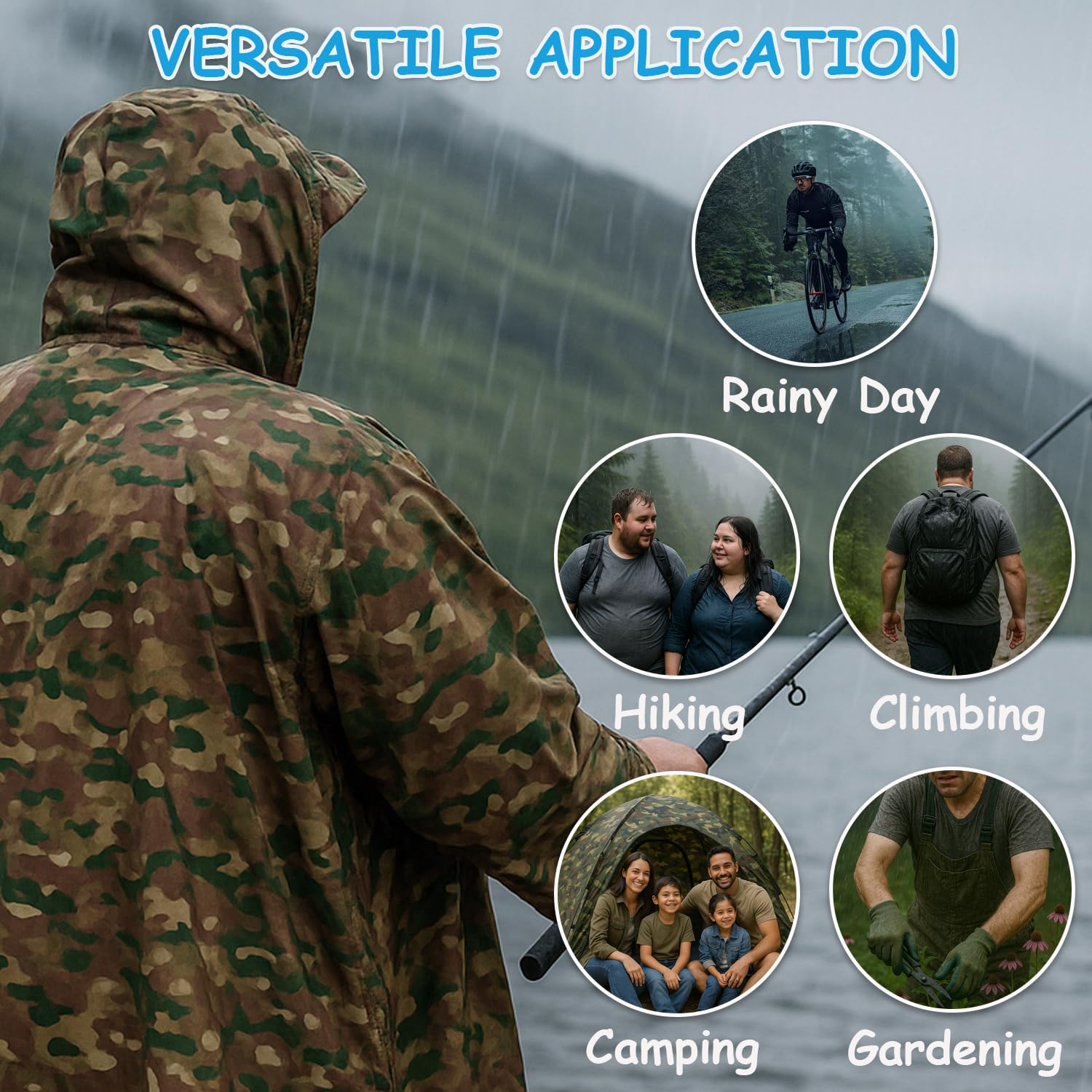 Poncho de pluie pour adulte grande taille avec capuche, poncho camouflage imperméable, poncho militaire pour camping, randonnée, pêche, voyage et plein air, facile à ranger.