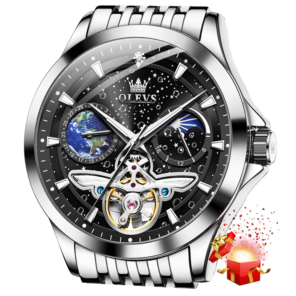 OLEVSMechanical Men Watch Chronograph Diamond Tourbillon Date Moon Phase Adjustable Bracelet Gift Multi-Function Blue/Black/Gold/Silver Face Watch for Men