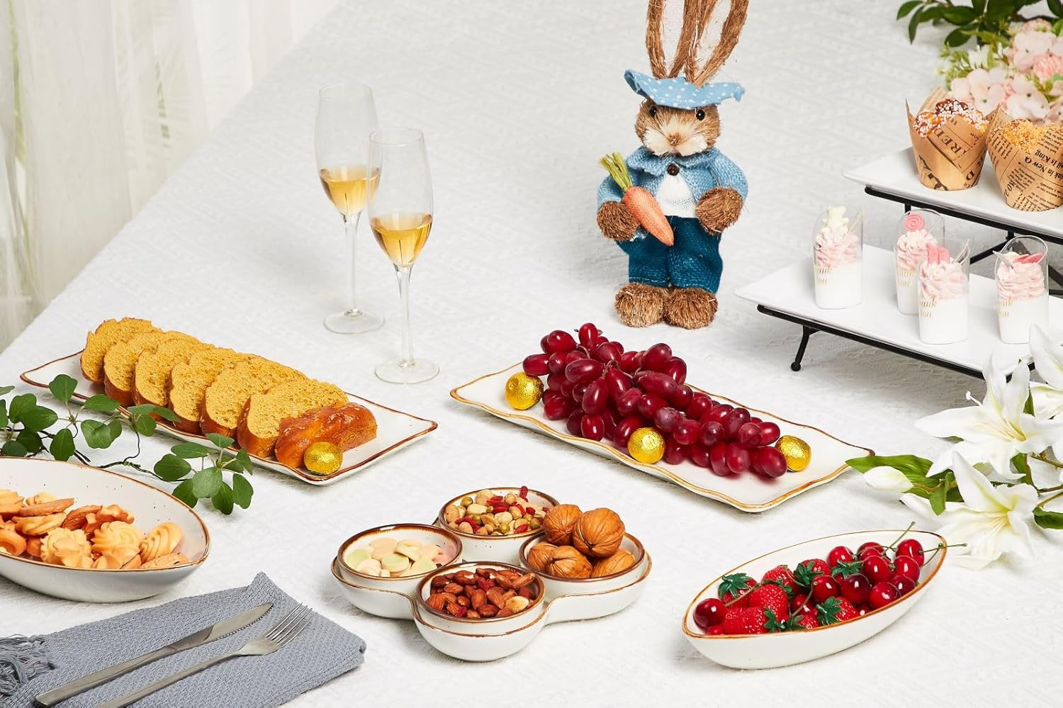 ONEMORE Large Serving Platters, 15 inch Serving Plates Set of 2, Ceramic Platters for Serving Food, Oven Safe Serving Trays and Platters for Entertaining Party, Creamy White - Image 6