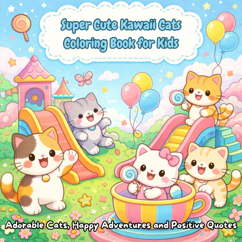 Super Cute Kawaii Cats Coloring Book for Kids: 50 Fun and Easy Kawaii Kitten Coloring Pages for Kids Ages 4–8 | Adorable Cats, Happy Adventures and Positive Quotes