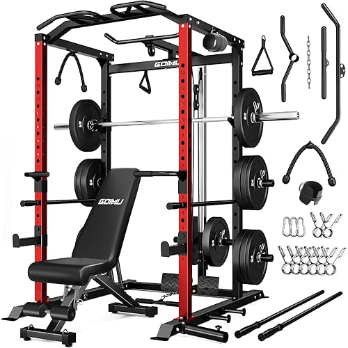 C1-V4 Power Cage, 2000LBS Squat Rack with LAT Pulldown, Multi-Function Weight Cage Strength Training Machine, Workout Cage with More Attachments for Home Gym Garage