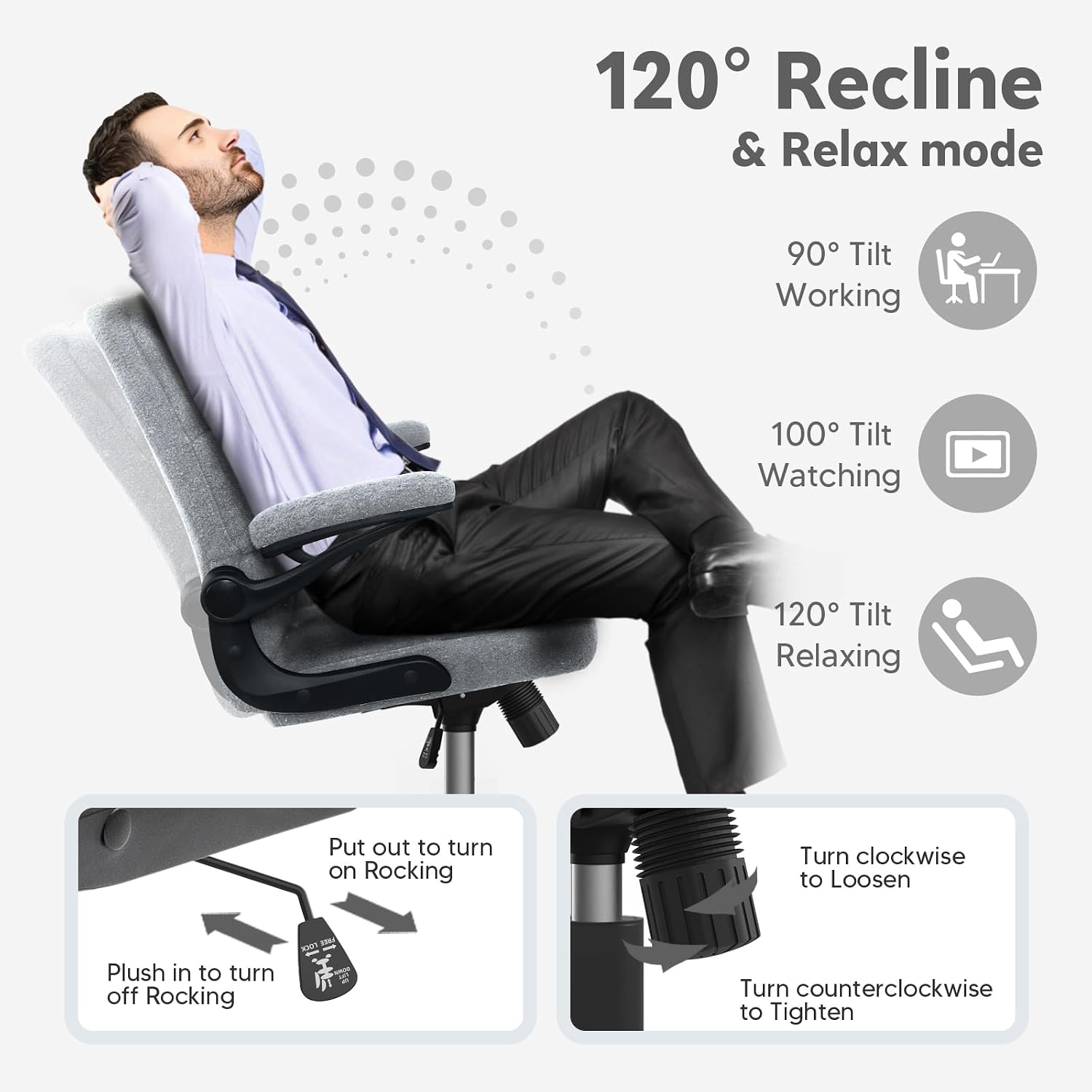 Office Chair with Wheels, Ergonomic Rolling Desk Chair with Flip-up Armrest, Adjustable Home Office Computer Chair Teddy Fleece – Light Gray