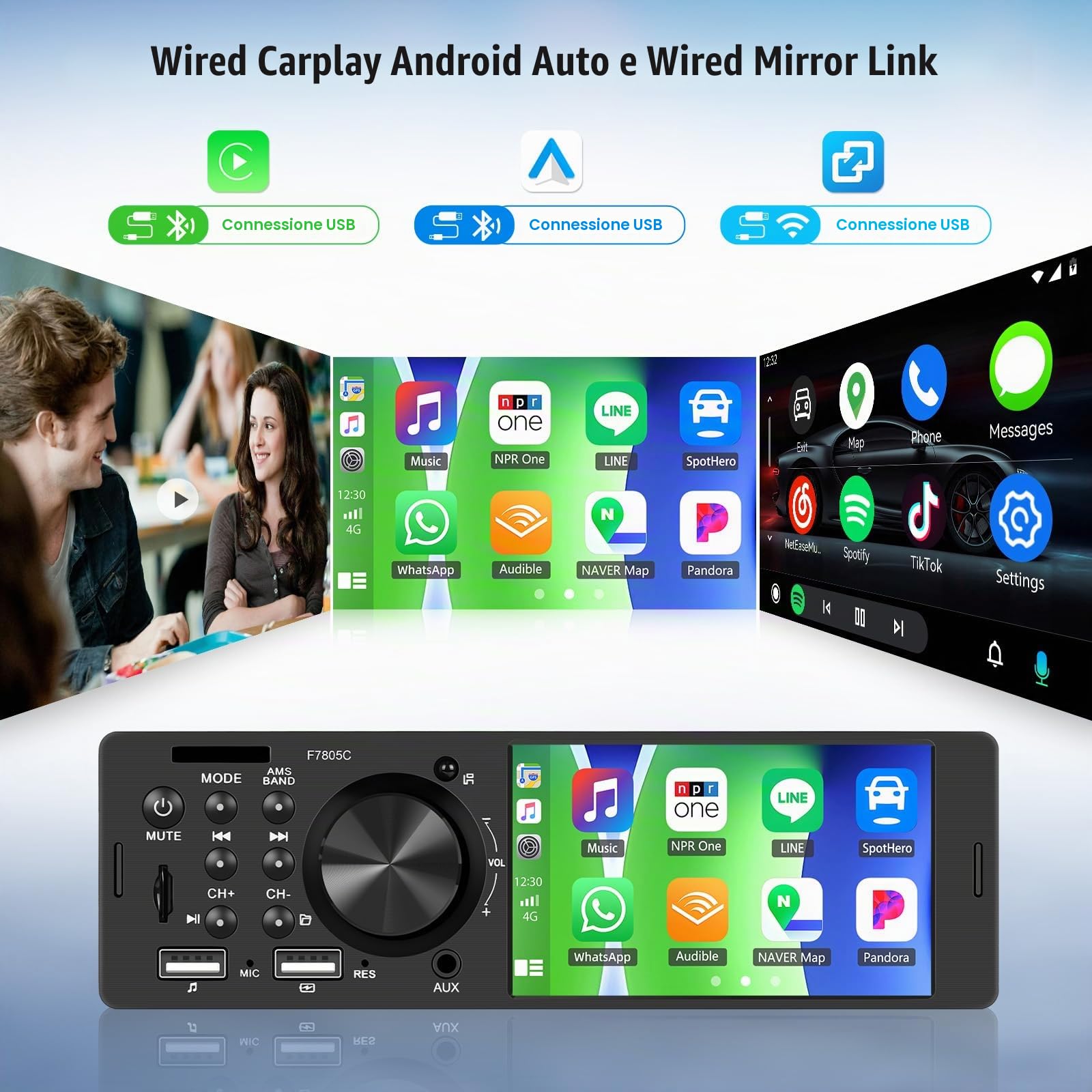 CAMECHO Autoradio 1Din Carplay con Telecamera Posteriore 4 Pollici Schermo, Android Auto Bluetooth HD touch display radio con Mirror Link FM/RDS Controllo del Volante EQ Retroilluminazione