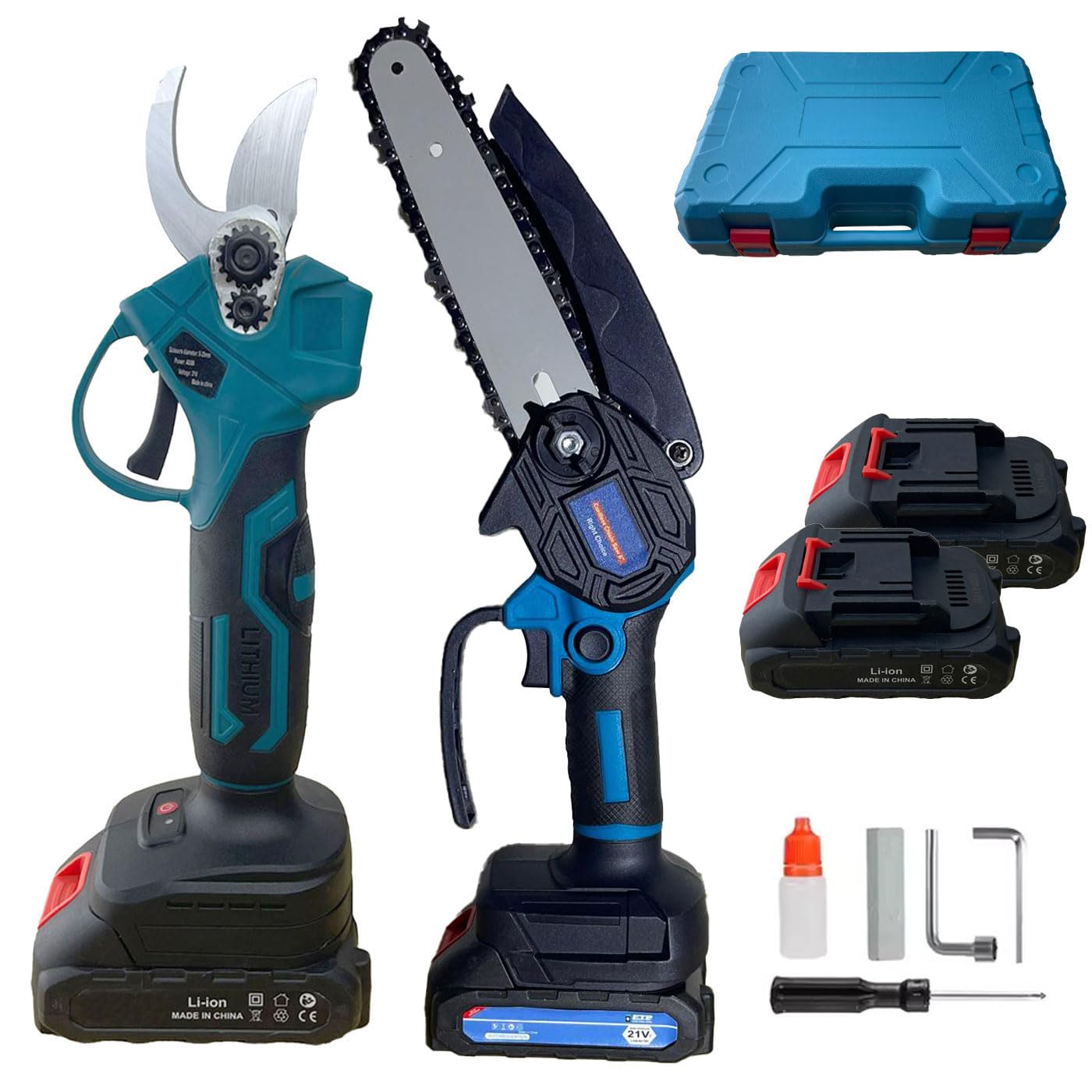 Set di Potatura a Batteria 21V Forbici e Motosega da 6 Pollici con 2 Batterie, Accessori e Valigetta Inclusa