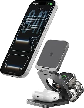 3 in 1 Charging Station for Apple - Qi2.2 25W Magnetic Wireless Charger for iPhone 17/16-12, Apple Watch, AirPods, Travel Fast Charging Foldable Stand with 45W GaN Adapter, Aluminum Alloy Design