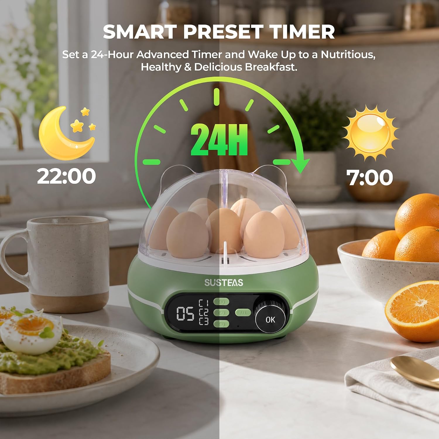 SUSTEAS Breakfast Prep Bundle 9-Capacity Rapid Egg Cooker (Soft/Medium/Hard, Timer, Voice Prompts) and Rotary Cheese Grater (5 Blades, Suction Base, Blade Storage Box) – Retro Green image 3
