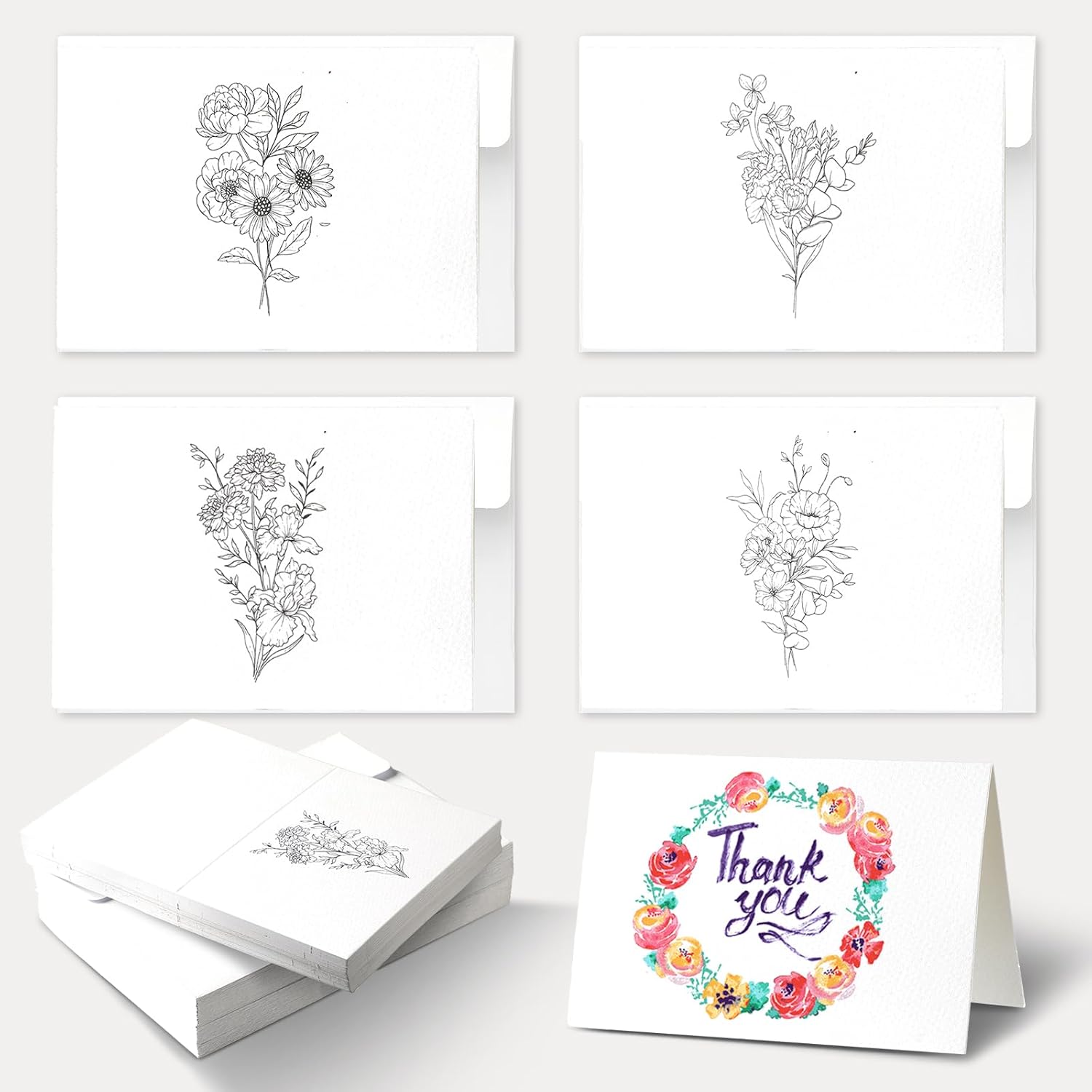 ForraFun 50 Sets 4 x 6 in Watercolor Blank Flowers Cards to Paint with Envelopes Thank You Notes Gifts DIY Blank Folded Watercolor Paper Cards for DIY Greeting Birthday Wedding Invitations