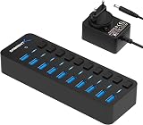 SABRENT Hub USB Alimenté,10 Port Docking Station 5 Gbps, 12V/5A 60W Adaptateur Alimentation, Port USB Multiple pour PC avec des commutateurs et LED des voyants d'alimentation individuels (HB-BU10) - 1