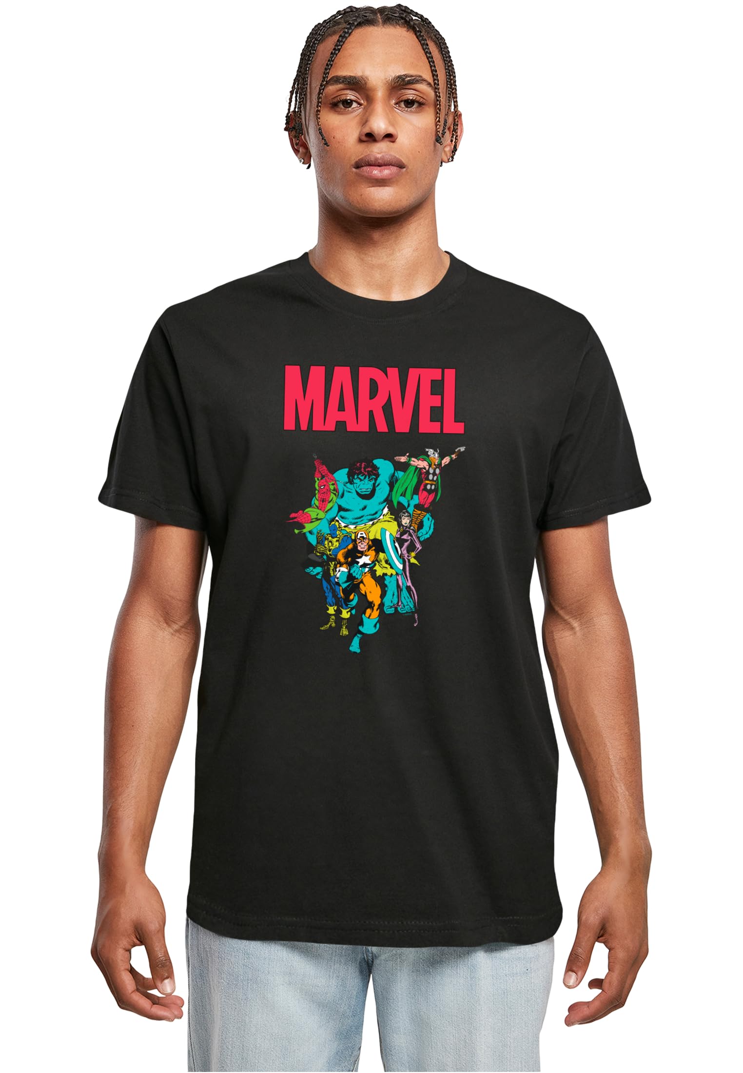 Merchcode Marvel Universe Avengers Pop Group Tee Men's T-Shirt Regular Fit 100% Cotton XS, Black, XS
