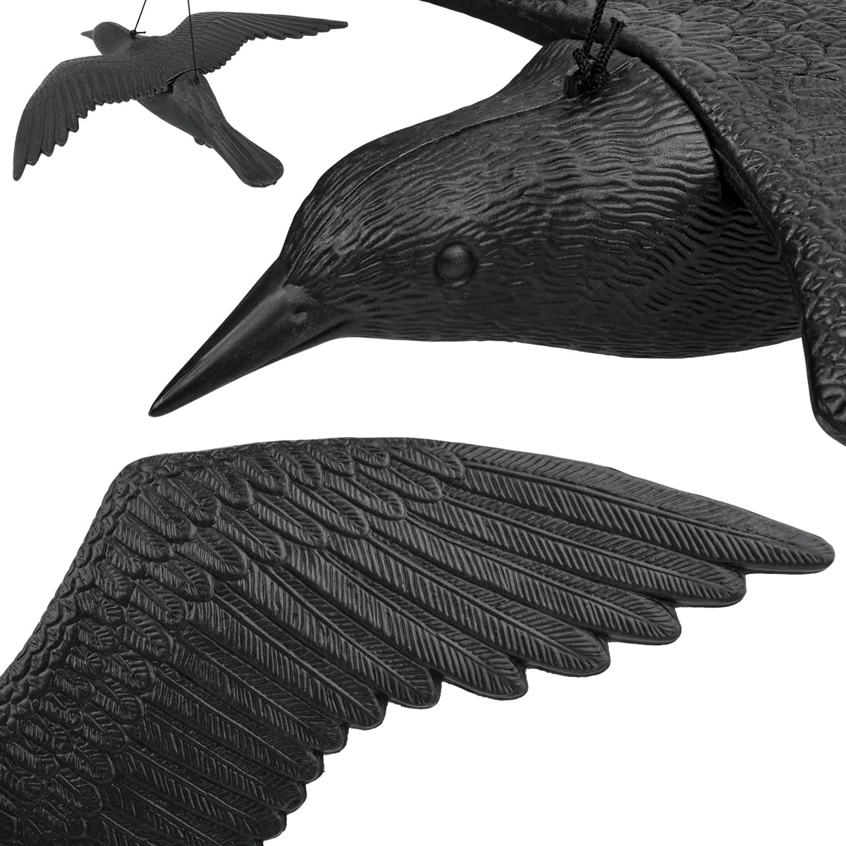 2 Schwarz Raben Attrappe, krähenattrappe Taubenschreck Rabe, Plastik Raben zur Abschreckung krähenschreck zum Aufhängen, Vogelschreck Fliegende Krähe, Balkon & Garten
