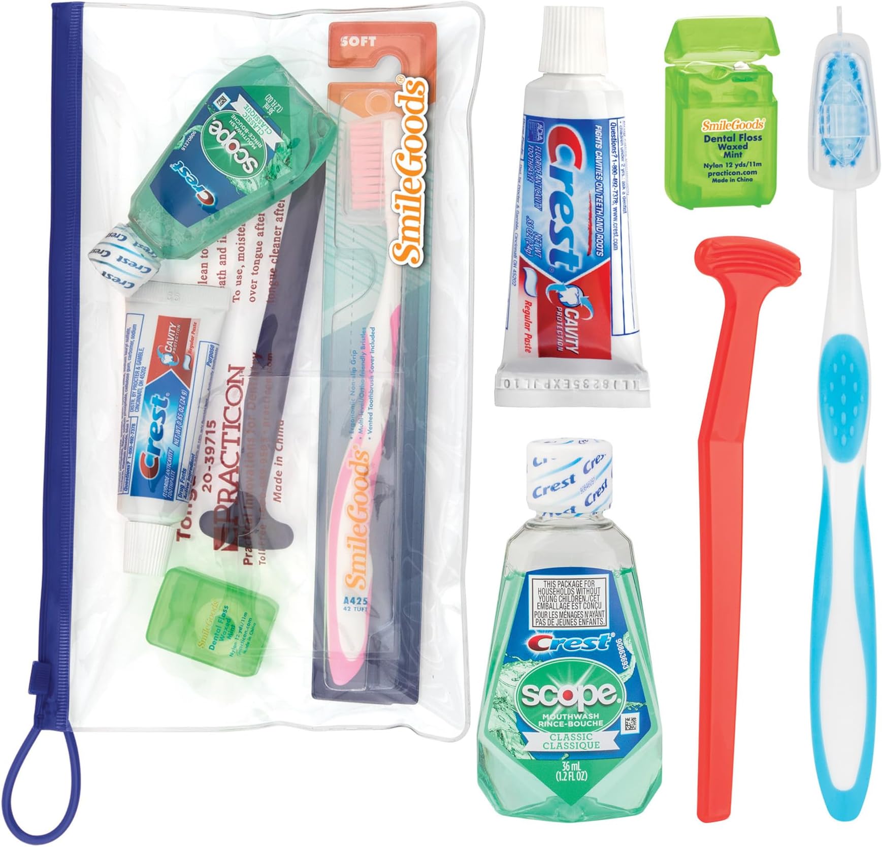 Practicon Adult Dental Care Kit, Travel Size Bundle w/Toothbrush with Cover, Crest Toothpaste, Floss, Tongue Cleaner and Scope Mouthwash, TSA Compliant Oral Care Kit