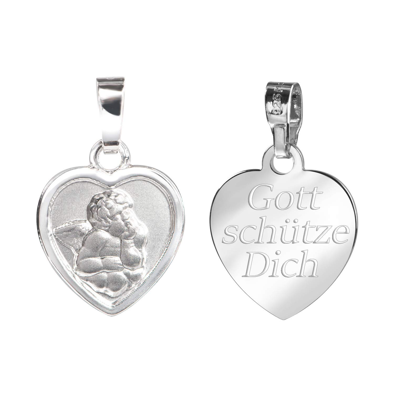 Schutz-Engel Herz-Anhänger Silber-Anhänger 925 Sterling Silber für Damen, Herren und Kinder mit Gravur Gott Schütze Dich als Kettenanhänger + Schmuck-Etui
