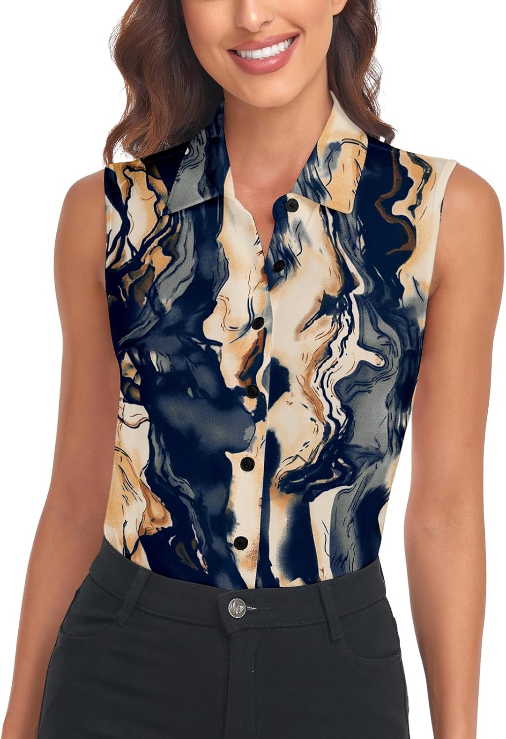 Soneven Womens Sleeveless Button Down Shirts Printed Golf Polo Shirts Business Casual Work Blouse Tops