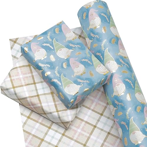 Vista 164 de WRAPAHOLIC Papel de regalo reversible de Navidad, mini rollo, 17 pulgadas x 33 pies, diseño de gnomo azul morado y cuadros con brillo metálico