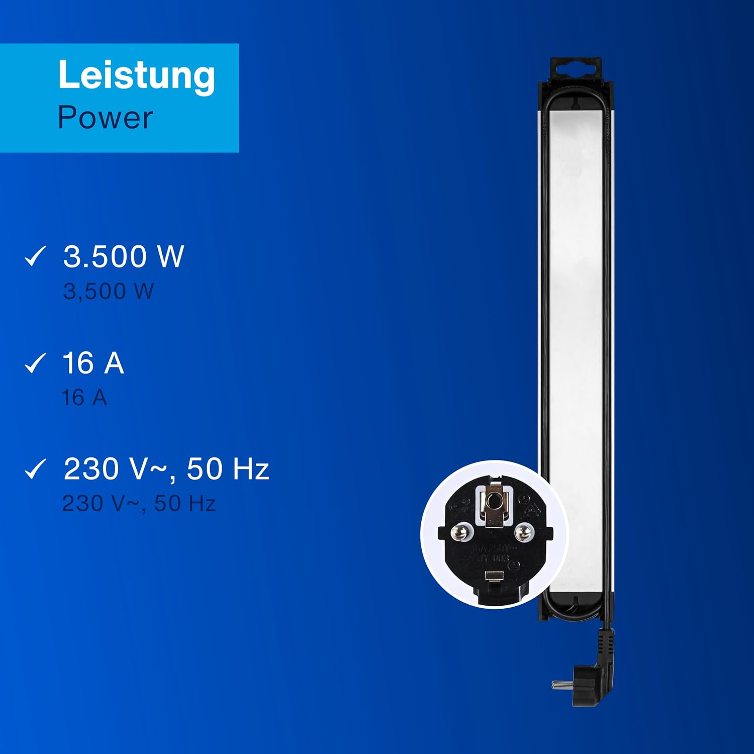 Detailed view of power specifications for the REV SupraLine power strip