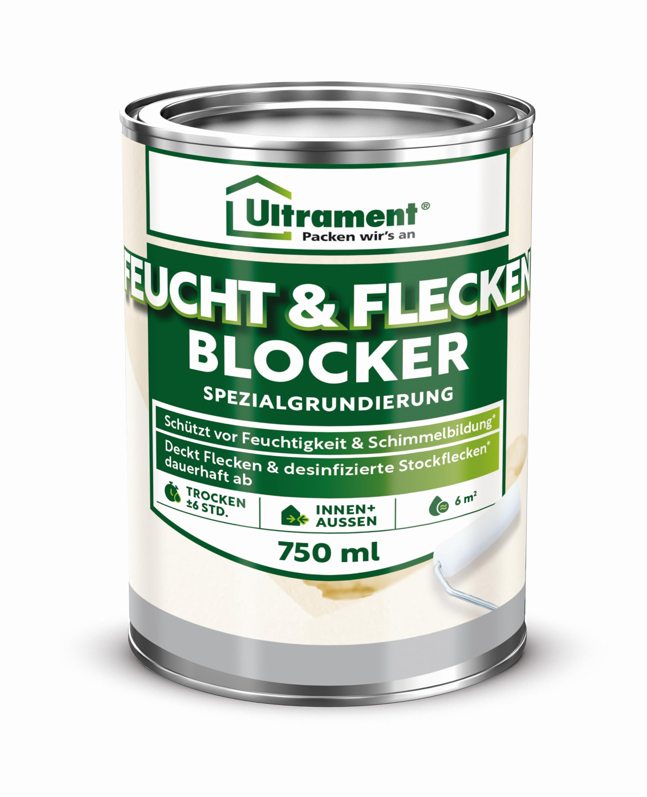 Ultrament Feucht und Flecken Blocker 750ml - Weiß, Spezialgrundierung - für Innen und Außen, Schützt vor Feuchtigkeit und Schimmelbildung