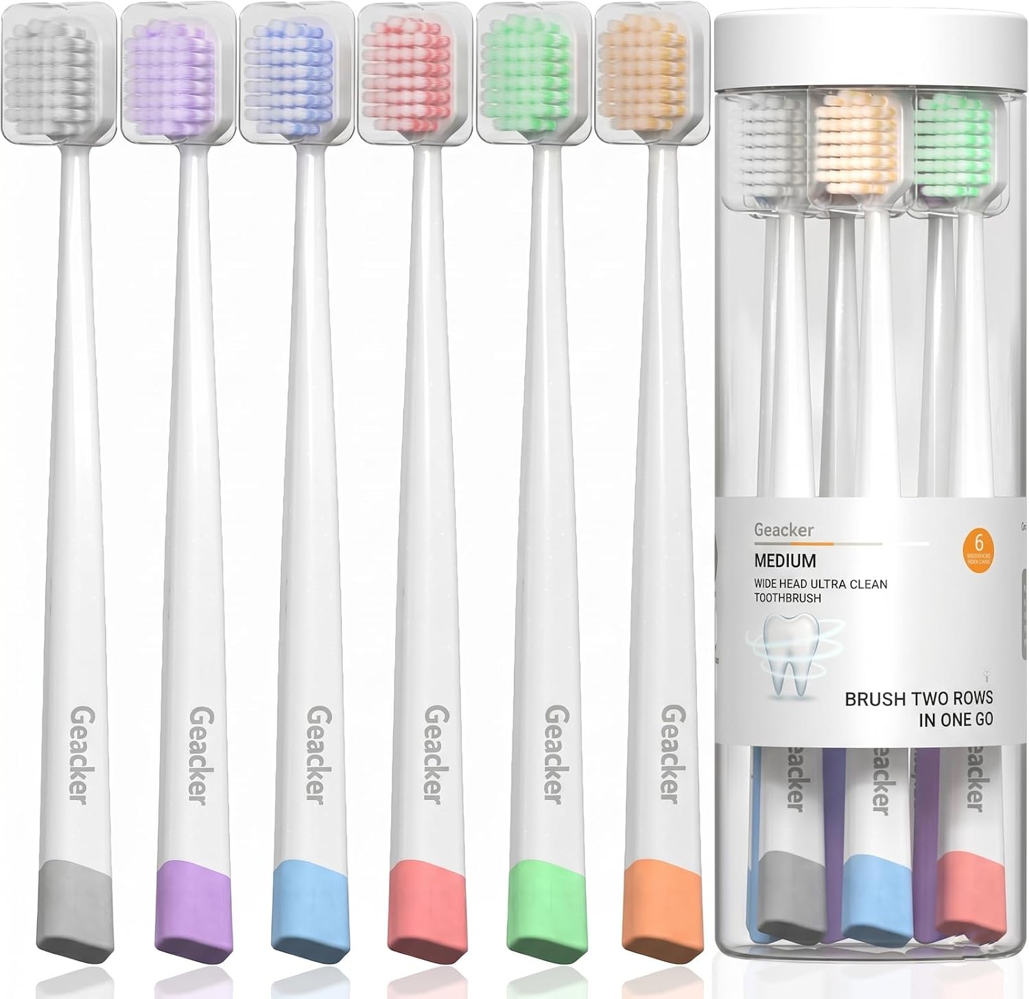 Dual Clean Soft Toothbrushes for Adults, 1.5X Wide Head Toothbrush with Flossing Spiral Tapered Bristles, Soft Feel with Medium Cleaning Power, Toothbrush with Cover, Multi-Color, 6 Count