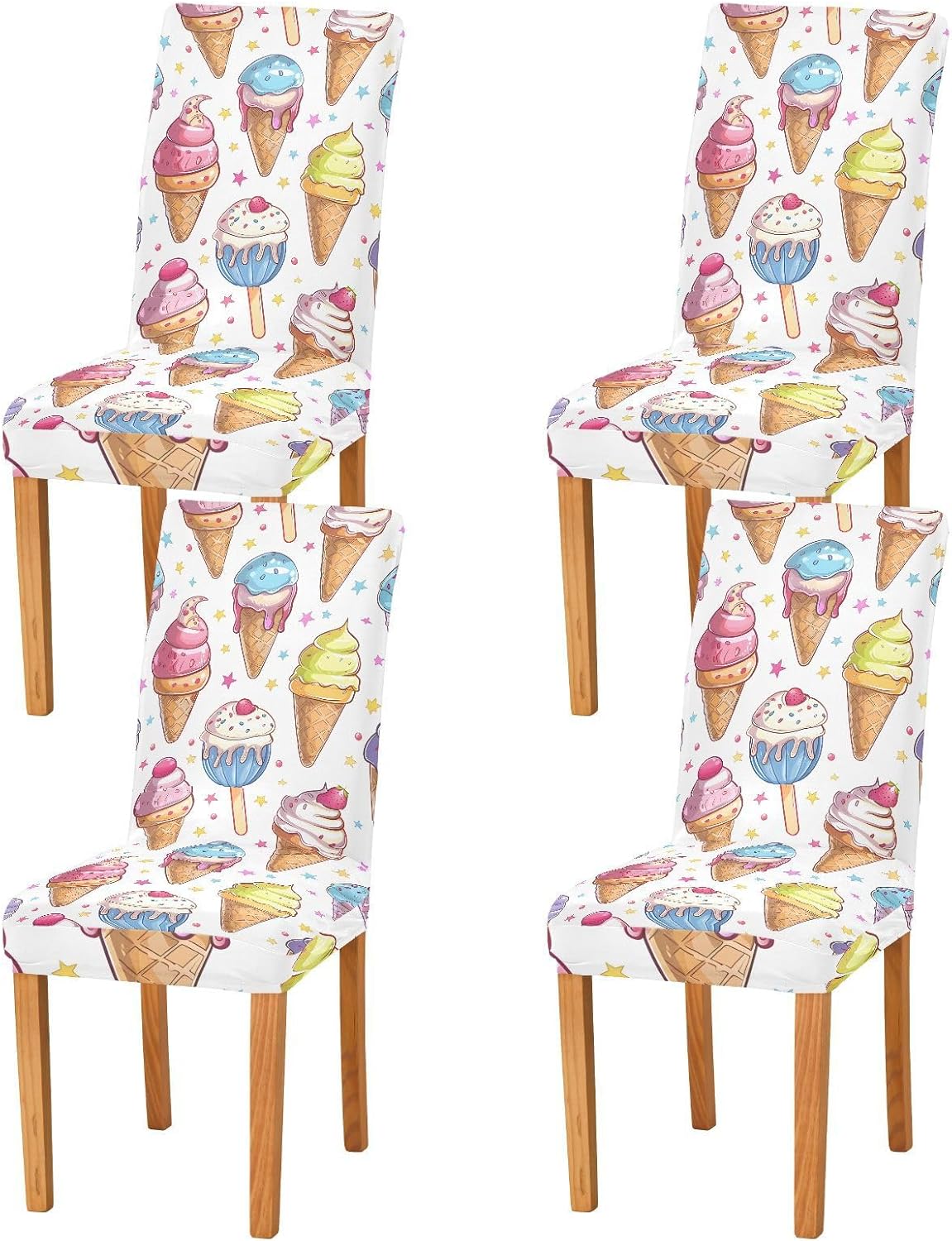 ALAZA Chair Covers for Dining Room, Miyazaki Hayao Style Ice Cream Seamless Pattern with White Background Stretch Chair Cover Sets Chair Protector Removable Washable for Ktichen Restaurant Hotel