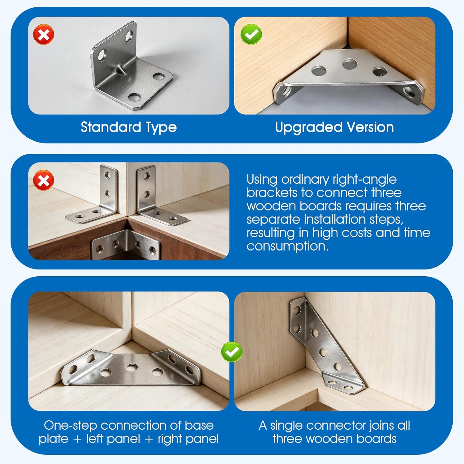 20-Piece Stainless Steel L-Shaped Wooden Brackets Set: 1.1 x 2.5 x 0.7 Inches, Polished, Corner Mount, 108 Screws, Ideal for Furniture, Shelves, Cabinets, Tables & Chairs