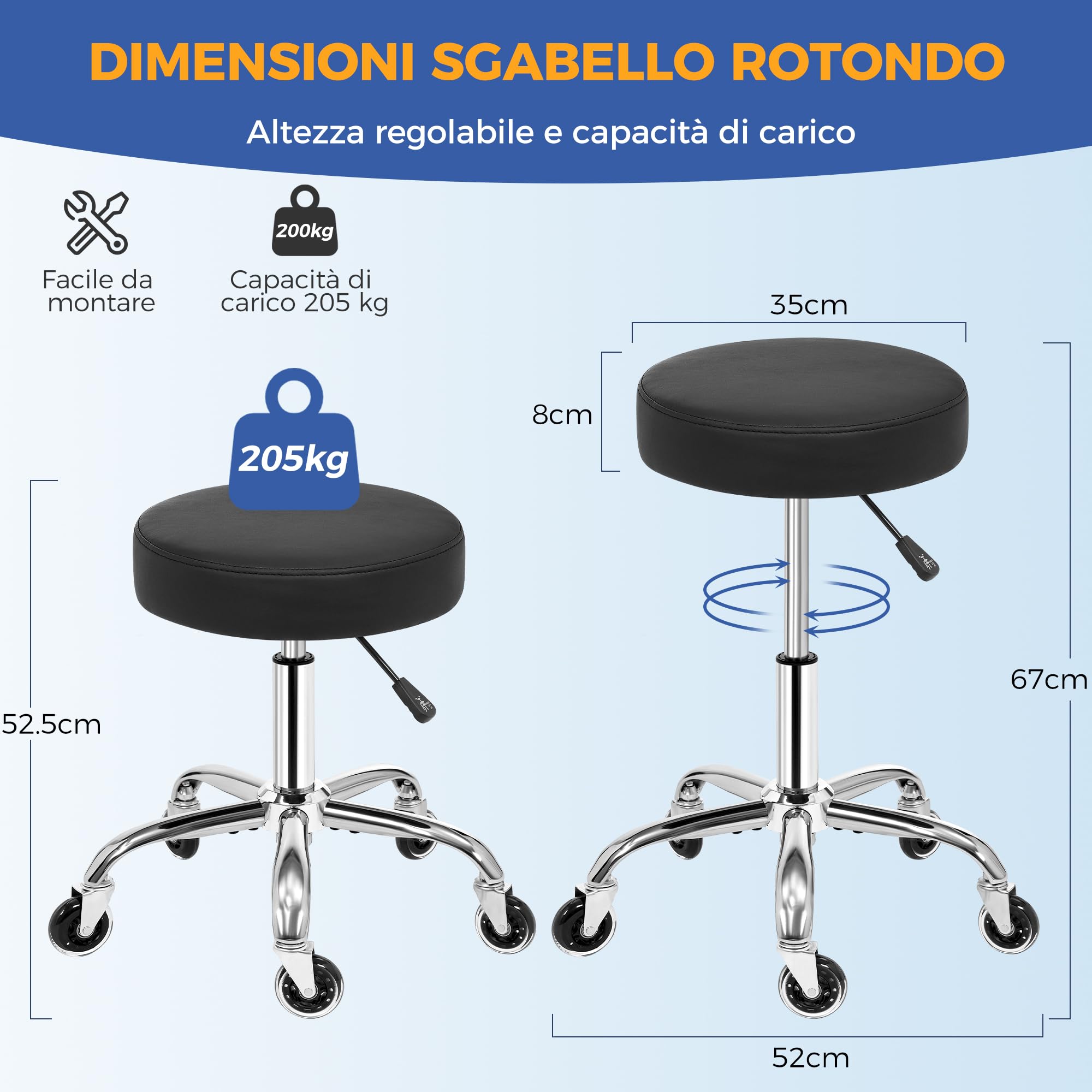 ANWBROAD Sgabello con Ruote Sgabello Regolabile in Altezza girevole a 360° | Sgabello da Lavoro con Portata fino a 205 kg per Spa Salone, Massaggi e Cliniche Nero WSC001B