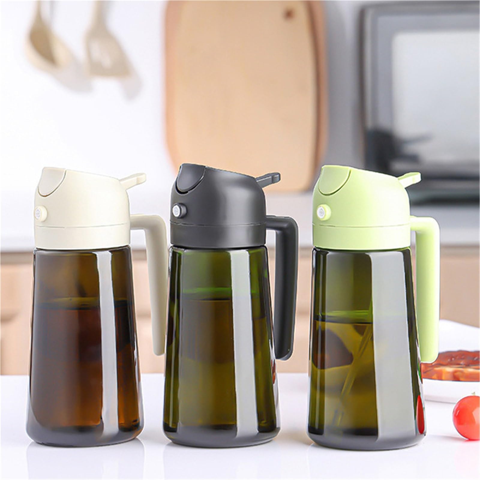 Distributeur d'huile, Distributeur D'huile 2 En 1, Pulvérisateur Pour, 16oz/470ML, Bouteille Avec Autocollants, Pièces pour friteuse à air, salade(Green)