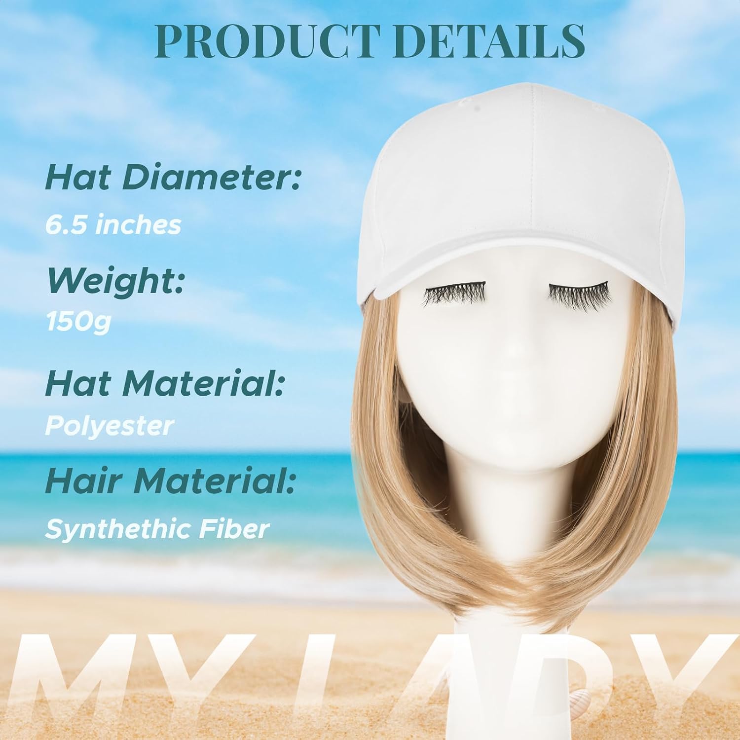 MY-LADY Hat Wig Hat with Hair Attached for Women Baseball Cap with Hair Extensions Adjustable Short Straight Synthetic Hairpiece 6" White Cap to 16P613