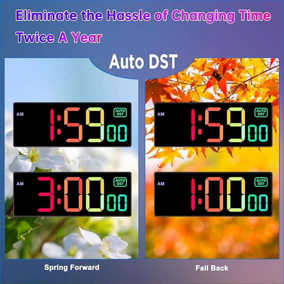 Soobest Large LED Digital Wall Clock 8 RGB Color Changing Display, Corded Plug in Electric Digital Clock with Seconds for Living Room Bedroom Desk Table Office, 5 Dimmers, Auto DST, 10 Inches