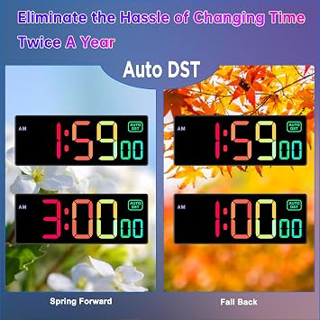 Soobest Large LED Digital Wall Clock 8 RGB Color Changing Display, Corded Plug in Electric Digital Clock with Seconds for Living Room Bedroom Desk Table Office, 5 Dimmers, Auto DST, 10 Inches