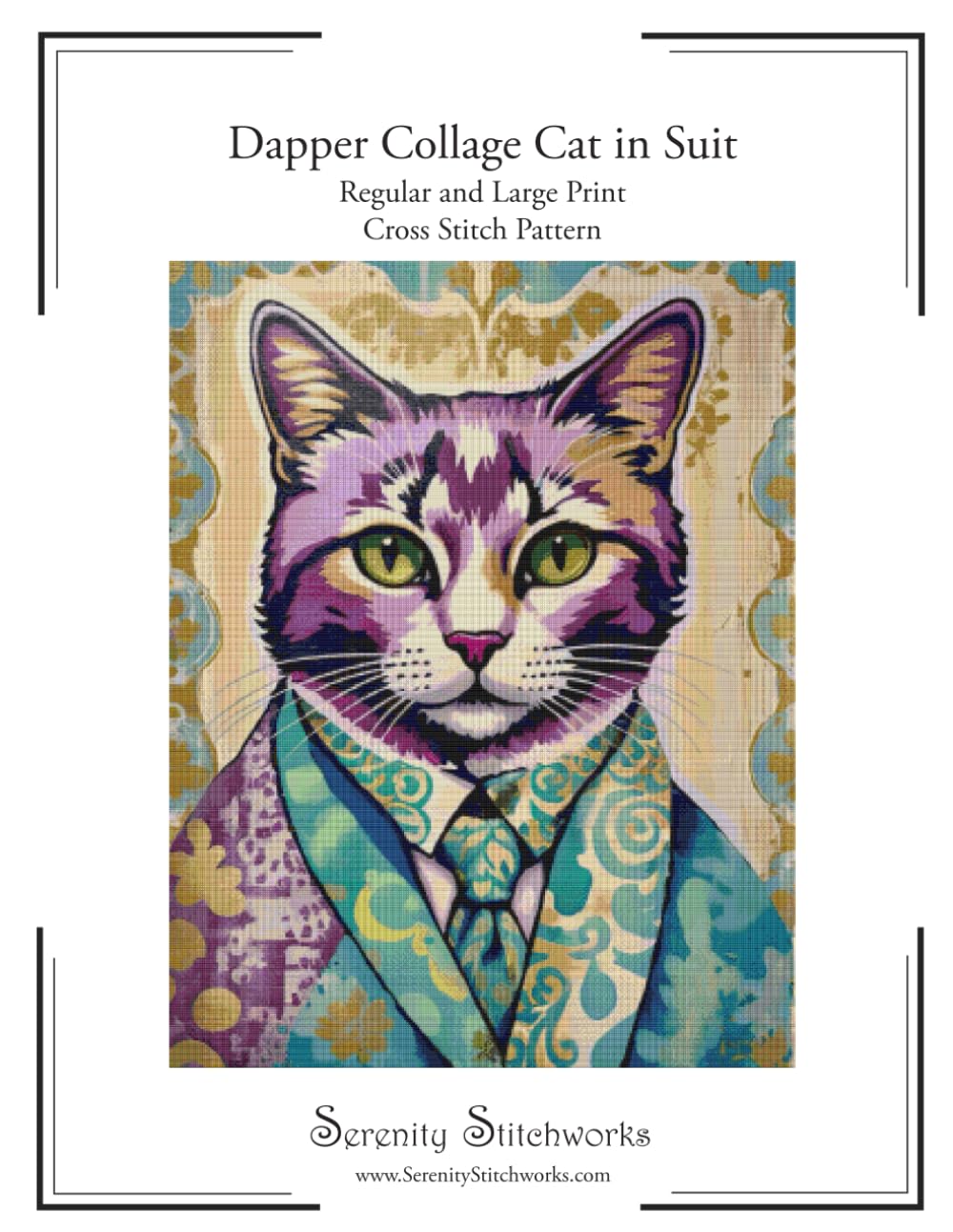 Dapper Collage Cat in Suit Cross Stitch Pattern: Regular and Large Print Cross Stith Pattern