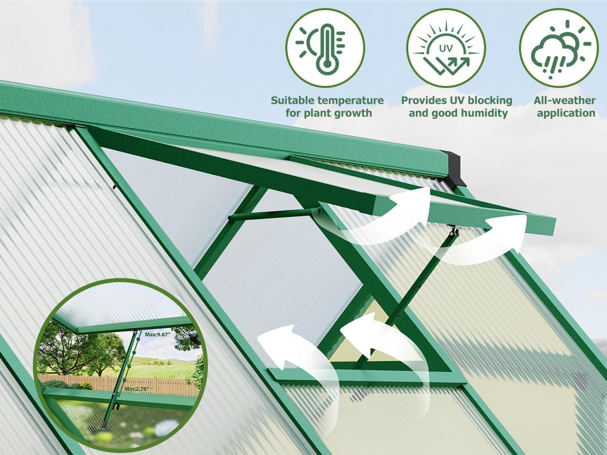 Polycarbonate Greenhouse for Outdoors, Heavy Duty Aluminum Frame Garden Greenhouse with UV Protection and Adjustable Roof Vent, All-Season Weather-Resistant Structure with Reinforced Stability