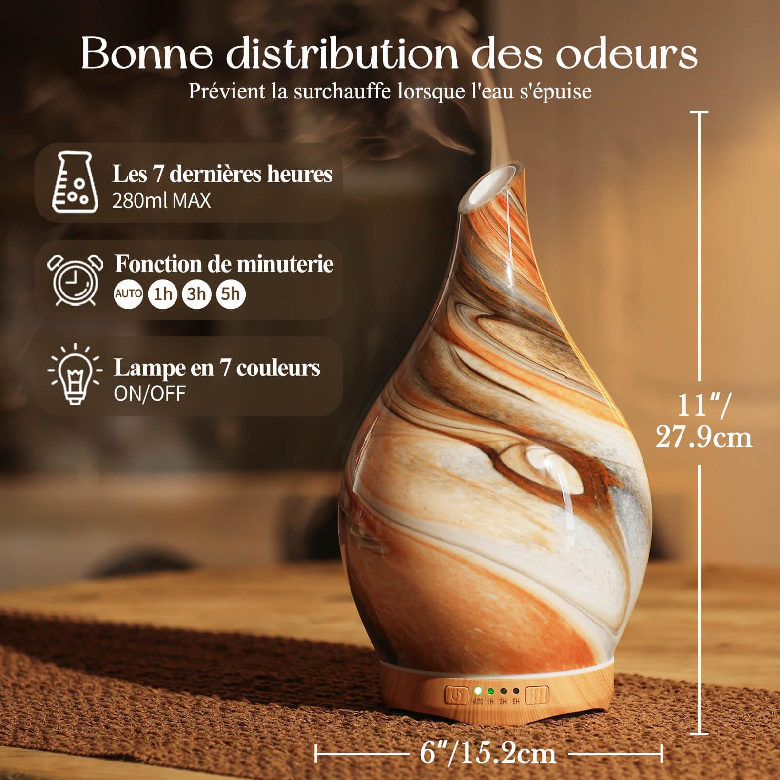 Porseme Verre diffuseur d'arômes 280ml, diffuseur soufflé à la bouche pour huiles essentielles, grand humidificateur à brume fraîche ultrasonique,7 LED à changement de couleur, sans BPA pour la maison