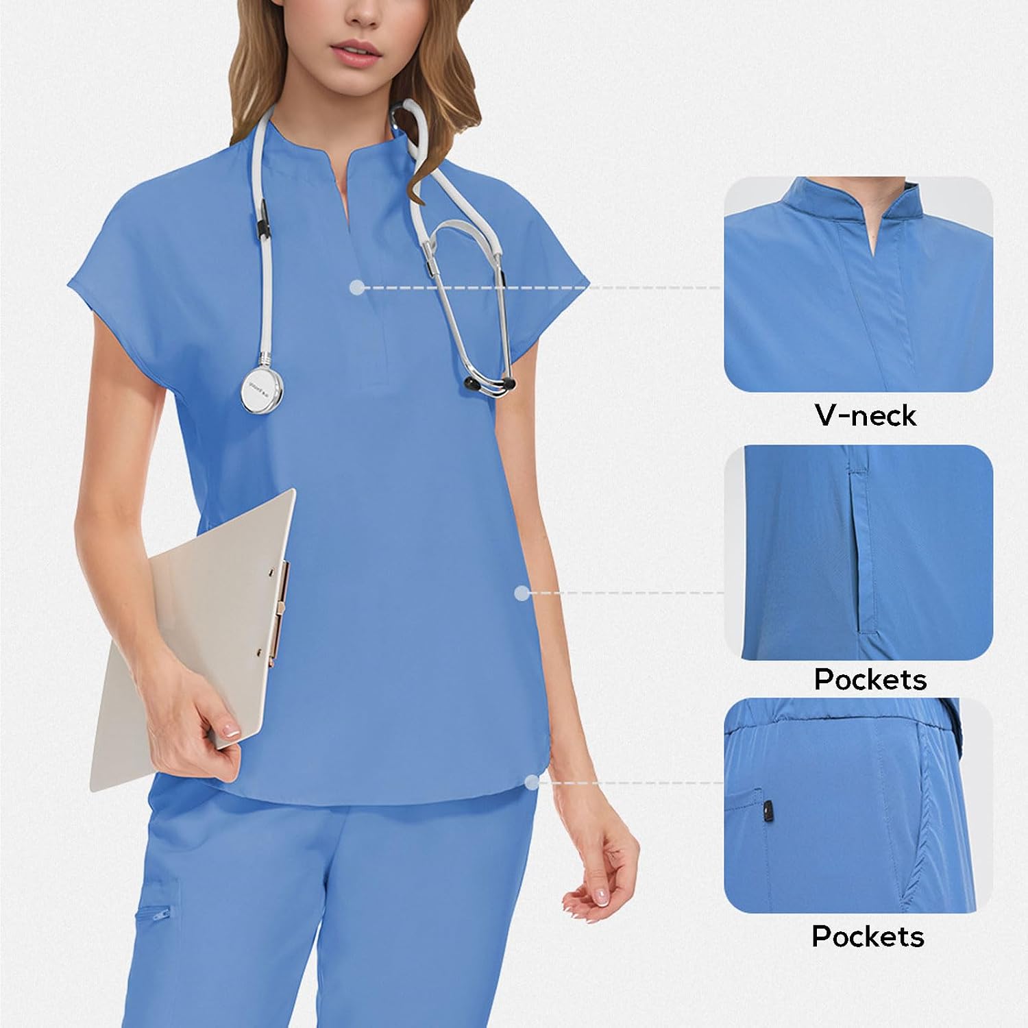 Women's Scrub Set - V-Neck Mandarin Collar Top with Side Pockets & Jogger Pants, 5-Pocket Work Uniform for Nurses
