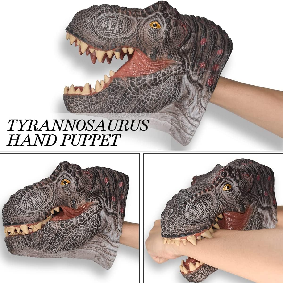 Gemini&Genius Dinosaur Toys Tyrannosaurus Rex Hand Puppets Large Soft Rubber T-Rex Head Hand Puppet Animal Toys for Role Play Storytelling Cake Topper for Kids