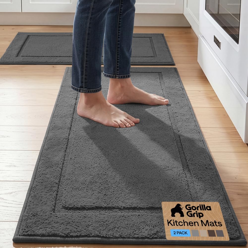 GORILLA GRIP Heavy Duty Washable Kitchen Rug with Rubber Backing, 2 PK, Ultra Absorbent Stain Resistant Under Sink Mat, Soft on Feet, Home Decor Entryway Carpet Rugs for Floor, 30x20+24x20, Dark Gray