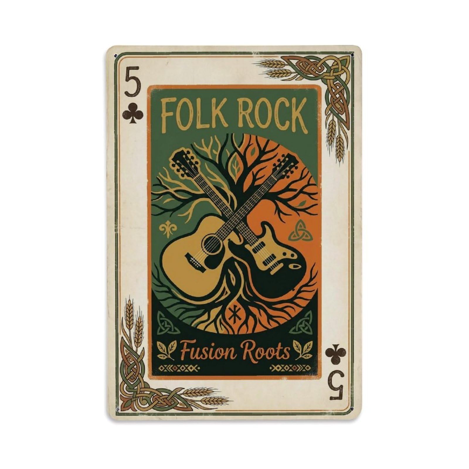 Folk Rock Acoustic Guitar Playing Card Celtic Roots Metal Tin Sign Plaque Wall Decor for Cafe, Man Cave, Club Bar, Office, Home Garden Round Metal Poster 8x12Inch