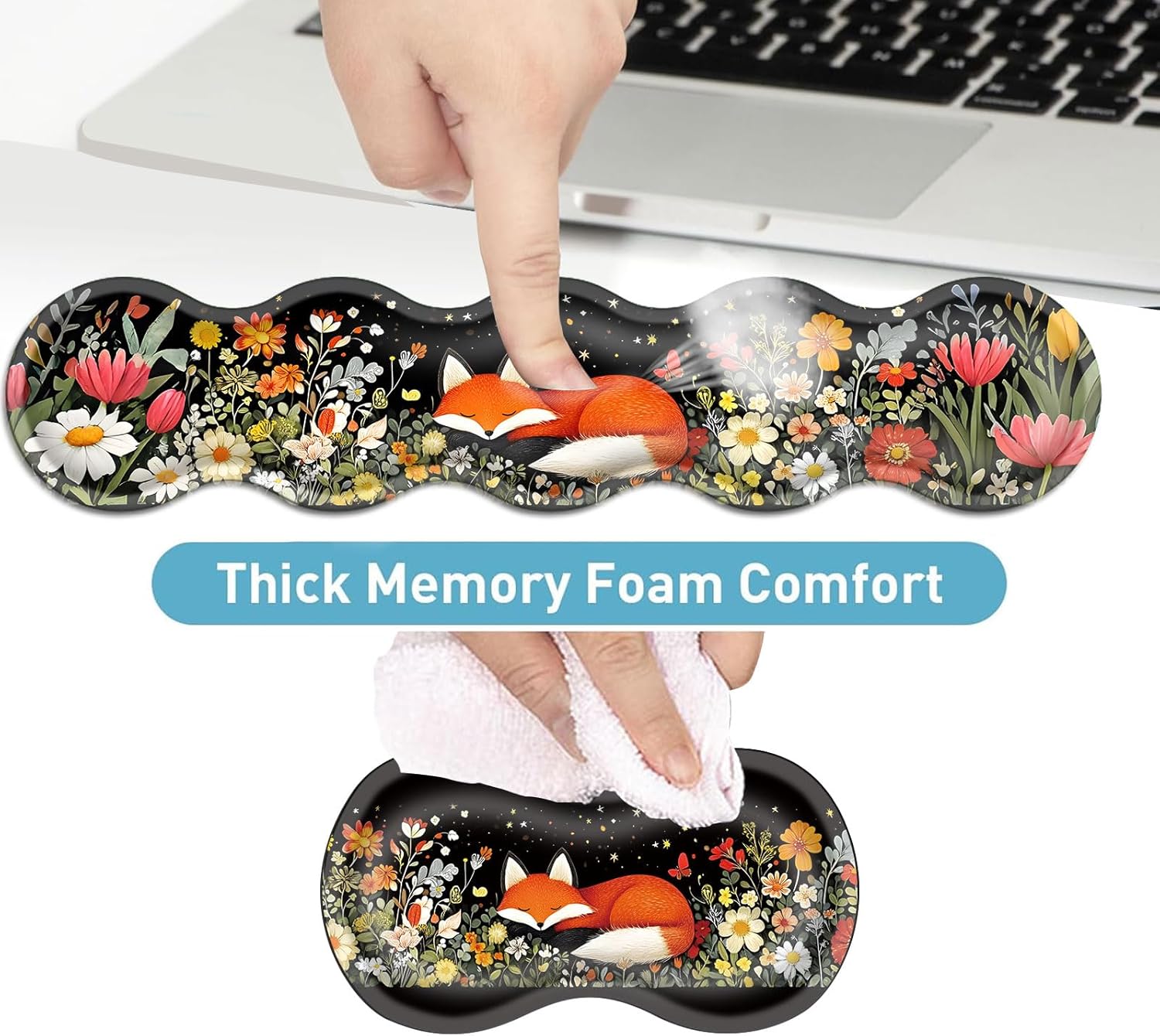 Keyboard Mouse Pad Set, Extended Gaming Mouse Pad+Ergonomics Keyboard Wrist Rest Support, Memory Foam, Easy Typing Pain Relief, 4Pcs XL Ultra Thick Desk Mat,Sleeping Fox in Starry Night