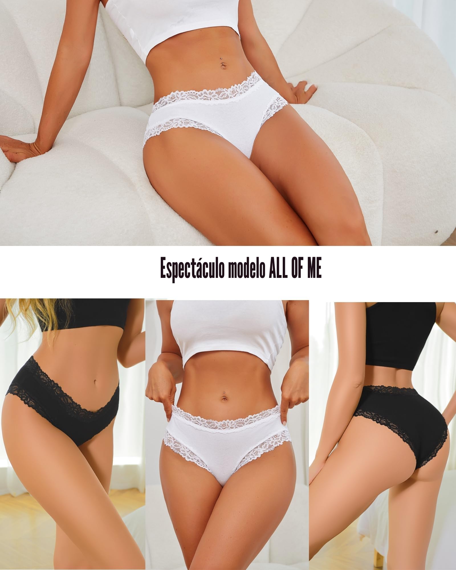 Pack de 6 Braguitas de algodón con Encaje para Mujer