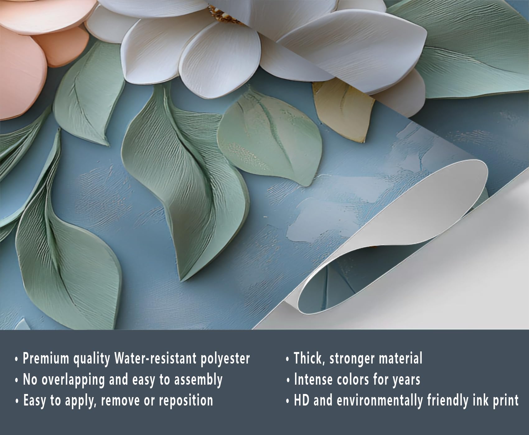White Blooms Tapete – 3D-geformte Wandtapete – Perlen-Blumenmuster, Schlafzimmertapete für Wohnzimmer, nicht selbstklebend, hellblaue Wandbilder und Heimdekoration