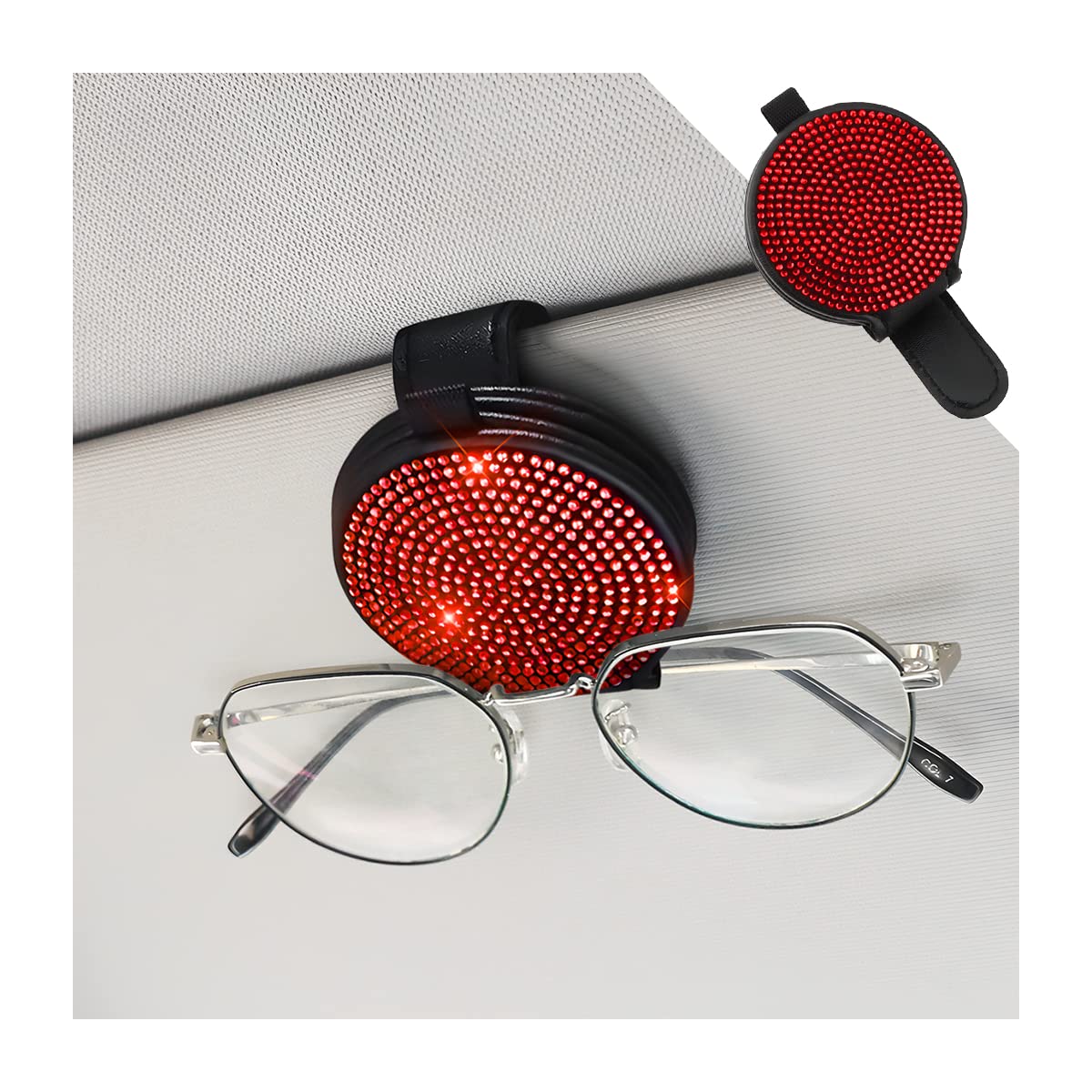 Blilo Bling Sunglass Holder for Car Sun Visor, Crystal Rhinestones Eyeglass Hanger, Magnetic Leather Glasses Holder Mount with Ticket Card Clip Interior Auto Accessories for Women Girl (Red)